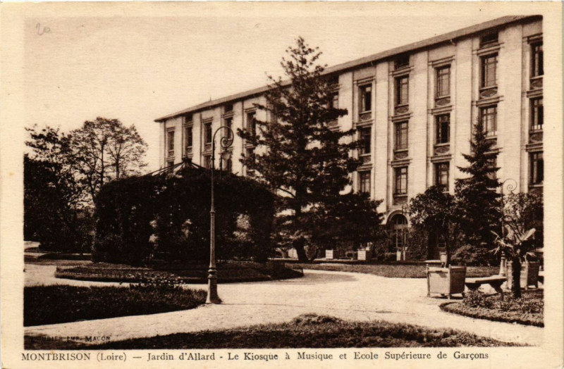 Carte postale ancienne Montbrison - Jardin d'Allard - Le Kiosque a Musique et Ecole S. à Montbrison