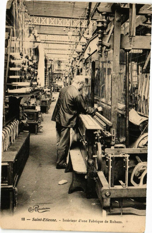 Carte postale ancienne Saint-Etienne - Interieur d'une Fabrique de Rubans à Saint-Étienne