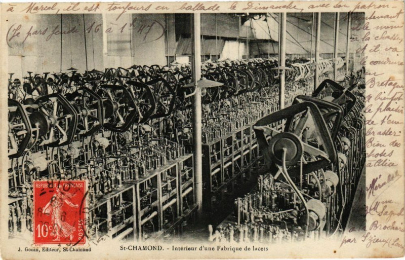 Carte postale ancienne Saint-Chamond - Interieur d'une Fabrique de lacets à Saint-Chamond