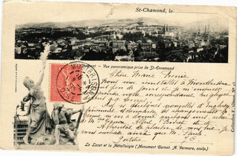 Carte postale ancienne Le Lacet et la Métallurgie (Monument Garnot A.Vermore sculp.)