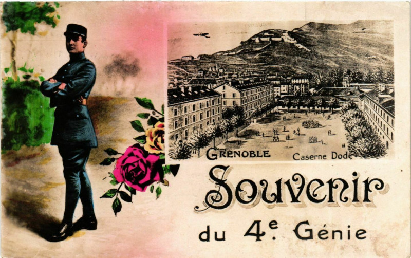 Carte postale ancienne Grenoble - Caserne Dode - Souvenir du 4e Genie France à Grenoble