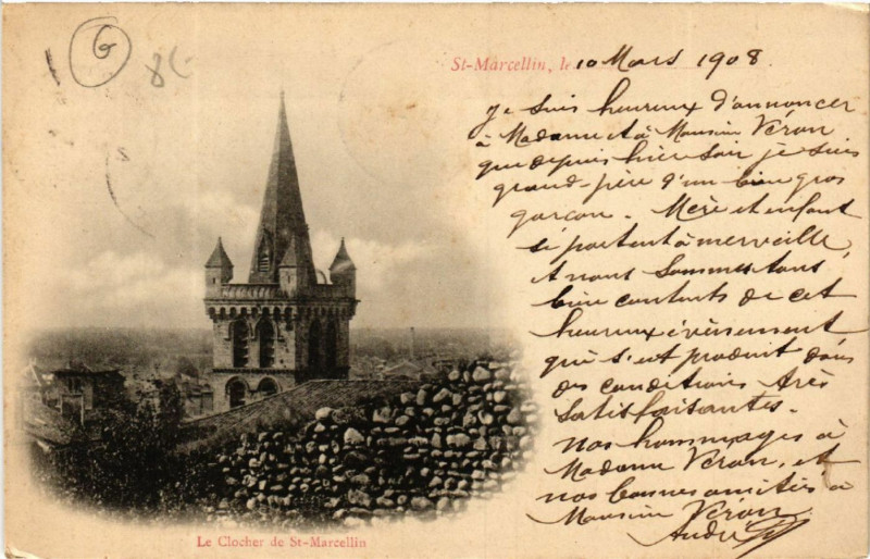 Carte postale ancienne Saint-Marcellin - Le Clocher de Saint-Marcellin à Saint-Marcellin