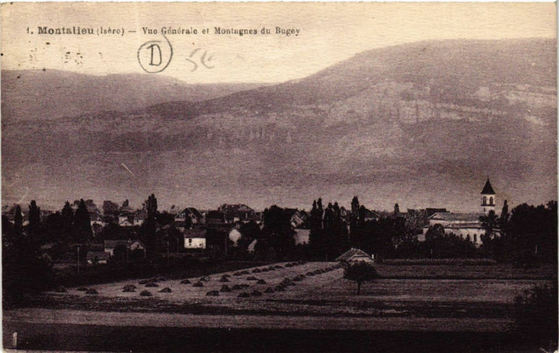 Carte postale ancienne Montalieu - Vue générale et Montagnes du Bugey à Montagne