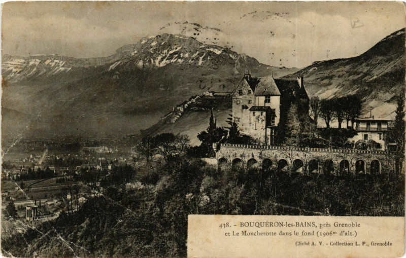 Carte postale ancienne Bouqueron-les-Bains pres Grenoble et le Moncherotte dans le fond à Corenc