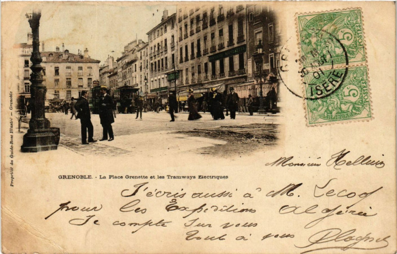 Carte postale ancienne Grenoble - La Place Grenette et les Tramways à Grenoble
