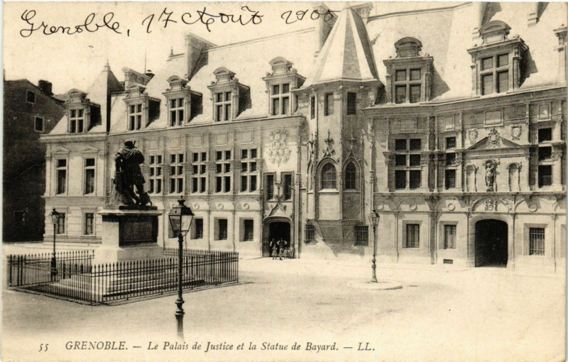 Carte postale ancienne Grenoble - Le Palais de Justice et la Statue à Grenoble