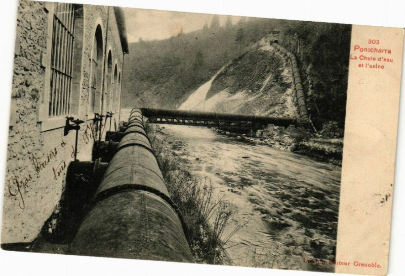Carte postale ancienne Pontcharra - La Chute d'eau et l'usine à Pontcharra