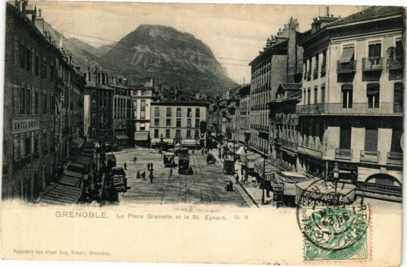 Carte postale ancienne Grenoble - La Place Grenette et le St-Eynard à Grenoble