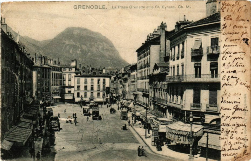 Carte postale ancienne Grenoble - La Place Grenette et le St-Eynard à Grenoble