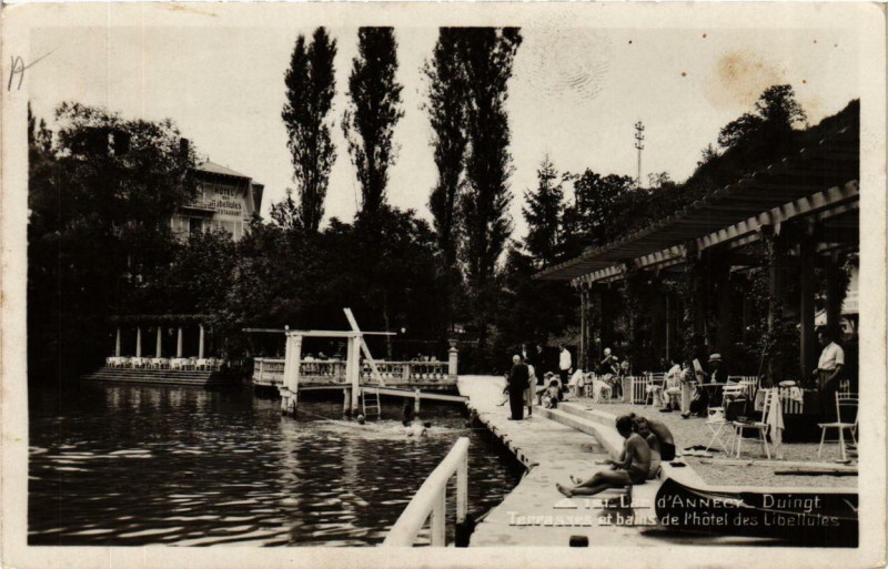 Carte postale ancienne Lac d'Annecy Duingt Terrasses er bains de l'hotel des Libellules à Duingt