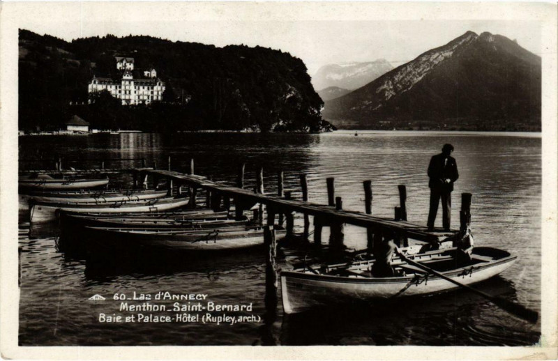 Carte postale ancienne Lac d'Annecy Menthon - Saint-Bernard Baie et Palace-Hotel à Annecy