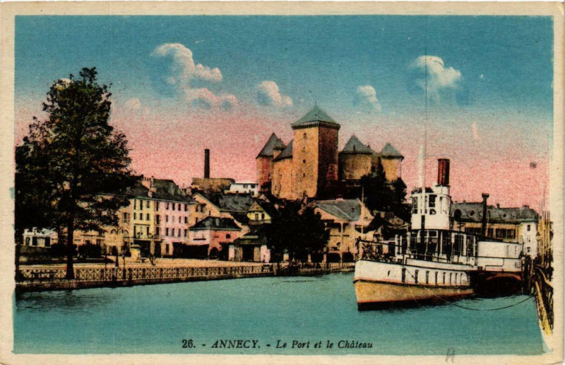 Carte postale ancienne Annecy Le Port et le Chateau à Annecy