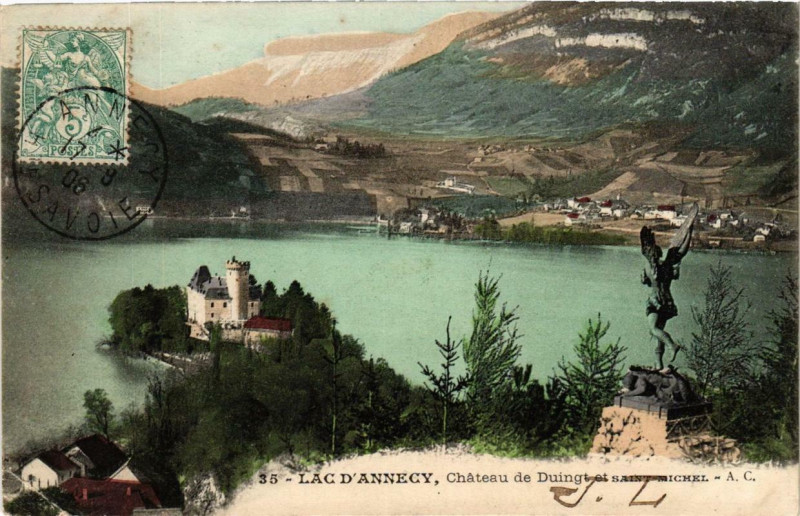 Carte postale ancienne Lac d'Annecy Chateau de Duingt et Saint-Michel à Duingt