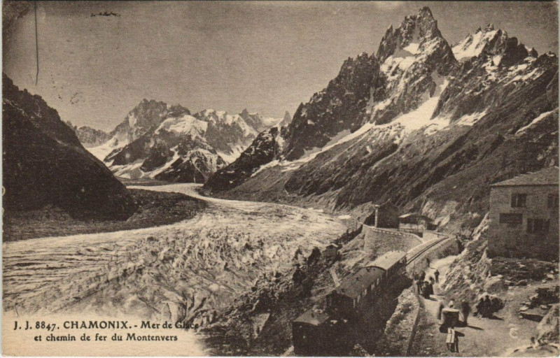 Carte postale ancienne J. J. 8847. Chamonix. Mer de Glace et chemin de fer du Montenvers à Vers