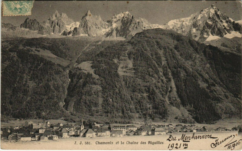 Carte postale ancienne J. J. 531. Chamonix et la Chaine des AIGUILLEs