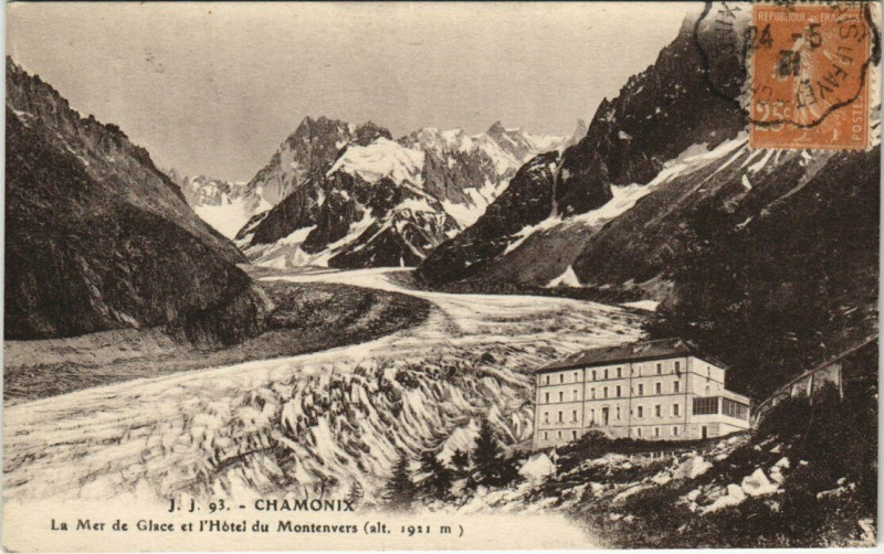 Carte postale ancienne J. J. 93. Chamonix La Mer de Glace et l'Hotel du Montenvers à Vers