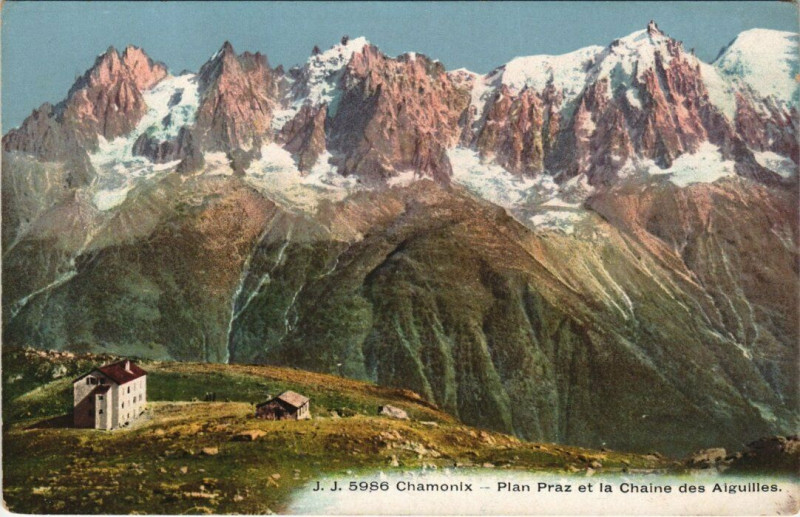 Carte postale ancienne J. J. 5986 Chamonix Plan Praz et la Chaine des AIGUILLEs