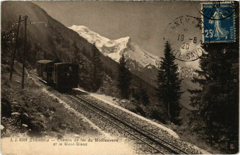 Carte postale ancienne Chamonix - chemin de fer du Montenvers et le Mont-Blanc à Vers