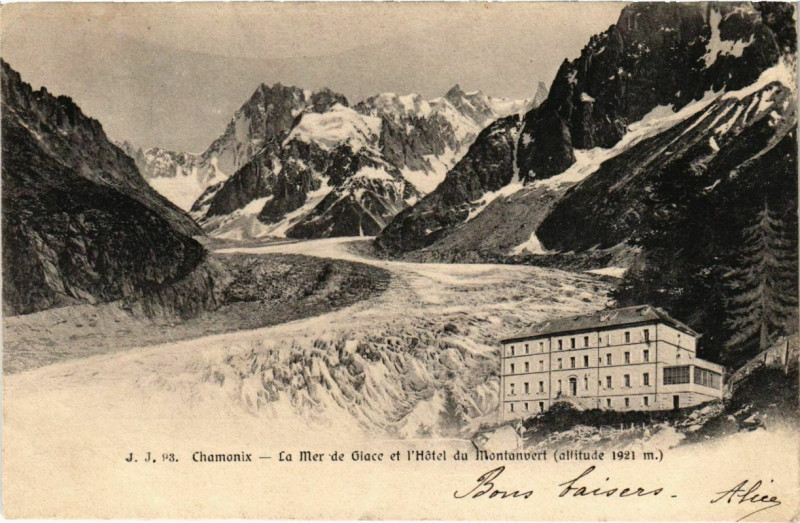 Carte postale ancienne La Mer de Glace et l'Hôtel du Montanvert (altitude 1921 mètres) à Chamonix-Mont-Blanc