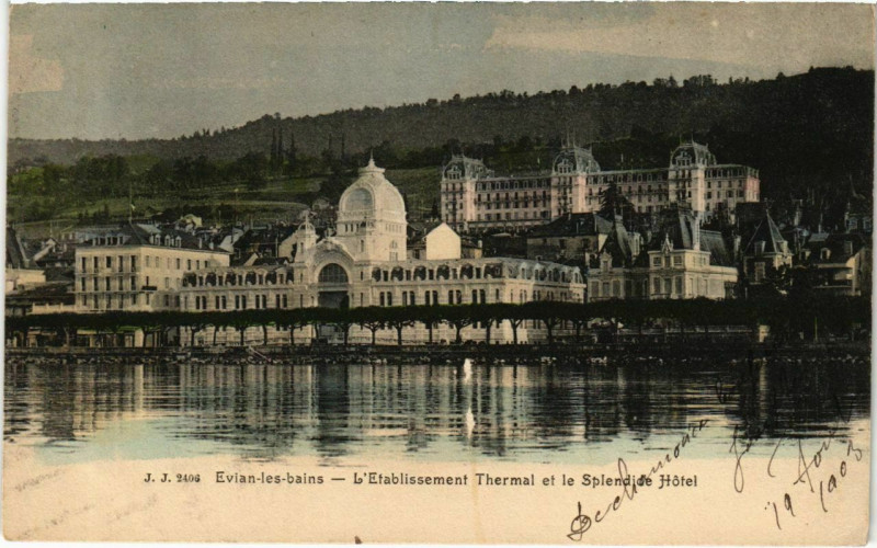 Carte postale ancienne Evian-les-Bains - L'Etabl. Thermal et le Splendide de Hotel à Évian-les-Bains