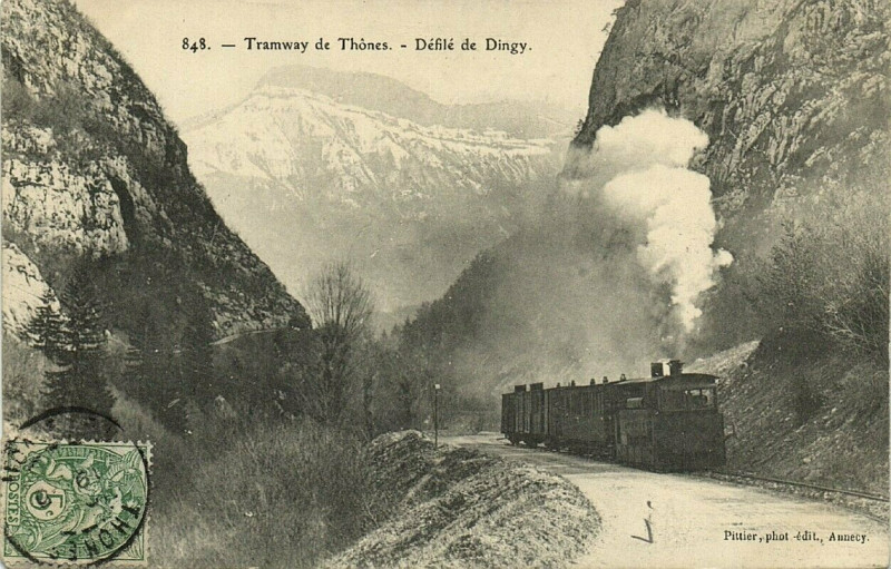 Carte postale ancienne 848 Tramway d'Annecy a Thones Defile de Digny à Thônes
