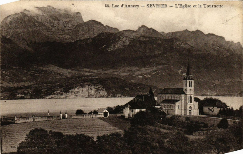 Carte postale ancienne Lac d'Annecy - Sevrier - L'Eglise et la Tounette à Sevrier