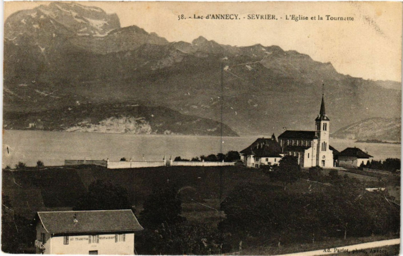 Carte postale ancienne Lac d'Annecy - Sevrier - L'Eglise et la Tounette à Sevrier