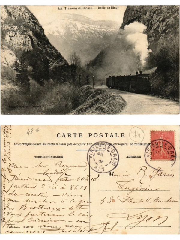 Carte postale ancienne Tramway de Thones - Defile de Digny à Thônes