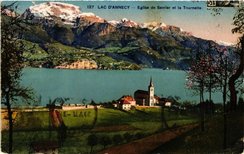 Carte postale ancienne Lac d'Annecy - Eglise de Sevrier et la Tounette à Sevrier