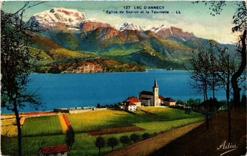 Carte postale ancienne Lac d'Annecy - Eglise de Sevrier et la Tounette à Sevrier