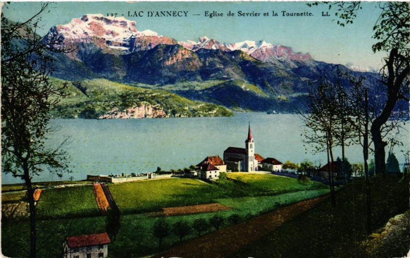 Carte postale ancienne Lac d'Annecy - Eglise de Sevrier et la Tounette à Sevrier