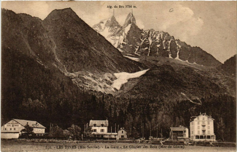 Carte postale ancienne Les Tines - La Gare - Le Glacier des Bois (Mer de Glace