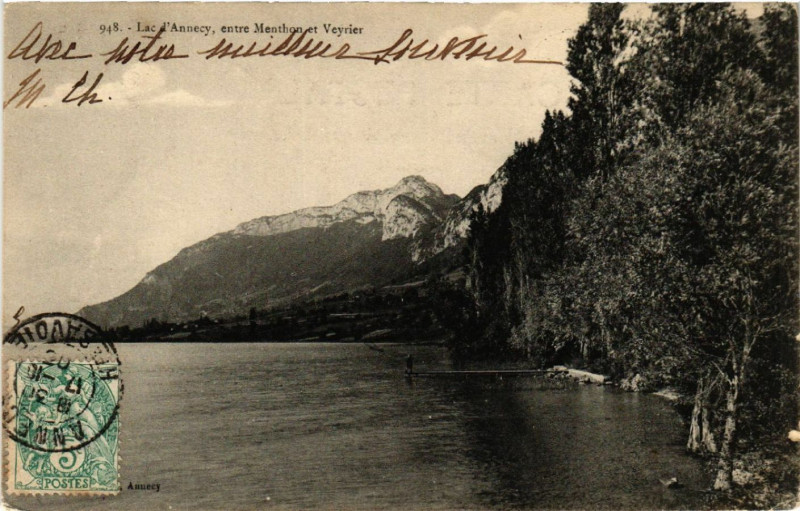 Carte postale ancienne Lac d'Annecy entre Menthon et Veyrier à Annecy