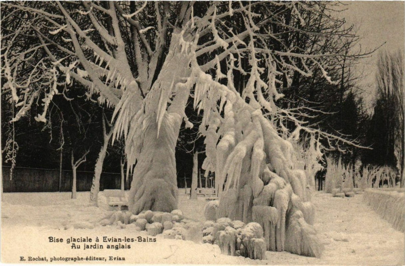Carte postale ancienne Evian-les-Bains Bise glaciale-Au jardin anglais à Évian-les-Bains