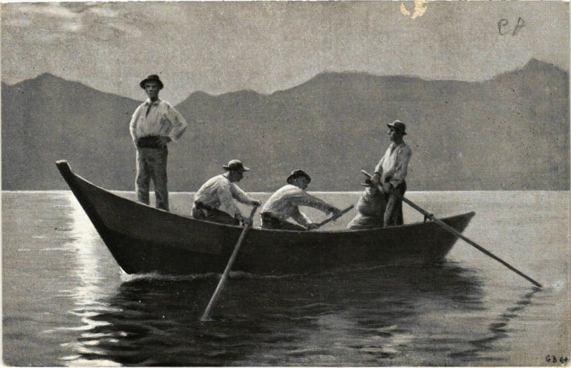 Carte postale ancienne Evian-les-Bains Retour de Peche à Évian-les-Bains