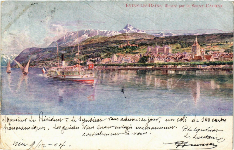 Carte postale ancienne Evian-les-Bains illustre par lasource Cachat à Évian-les-Bains