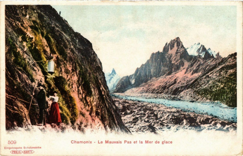 Carte postale ancienne Chamonix - Le Mauvais Pas et la Mer de glace