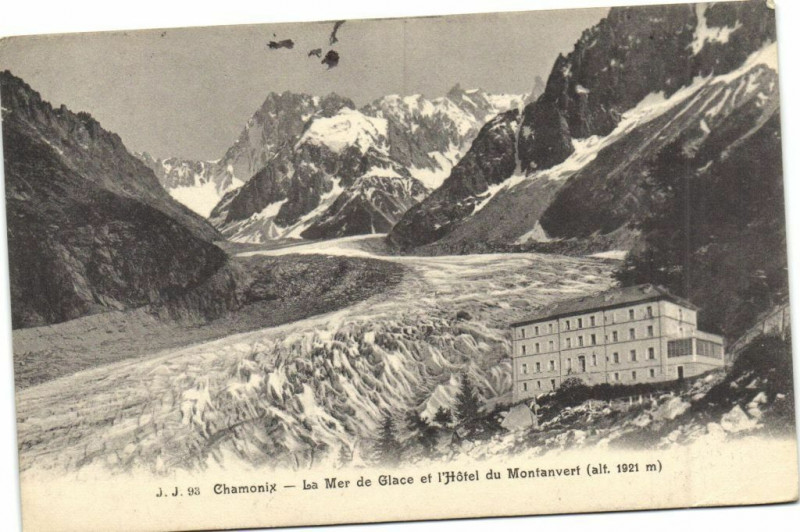 Carte postale ancienne La Mer de Glace et l'Hôtel du Montanvert (altitude 1921 mètres) à Chamonix-Mont-Blanc
