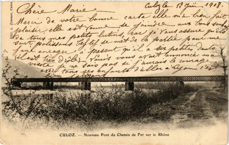 Carte postale ancienne Culoz Nouveau Pont du Chemin de Fer sur le Rhone à Culoz