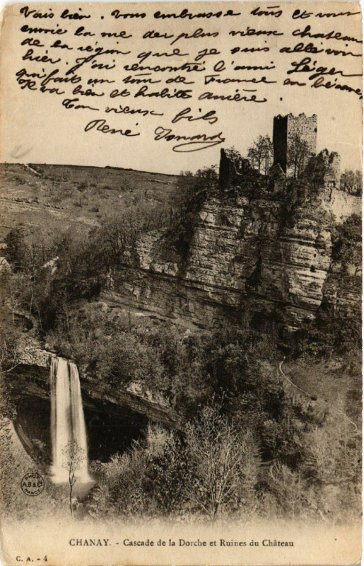 Carte postale ancienne Chanay Cascade de la Dorche et Ruines du Chateau à Chanay