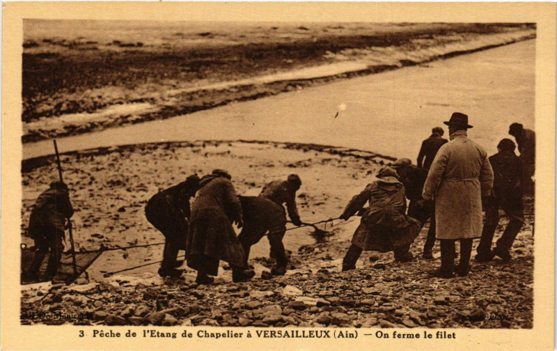 Carte postale ancienne Peche de l'Etang de Chapelier a Versailleux On ferme le filet à Versailleux