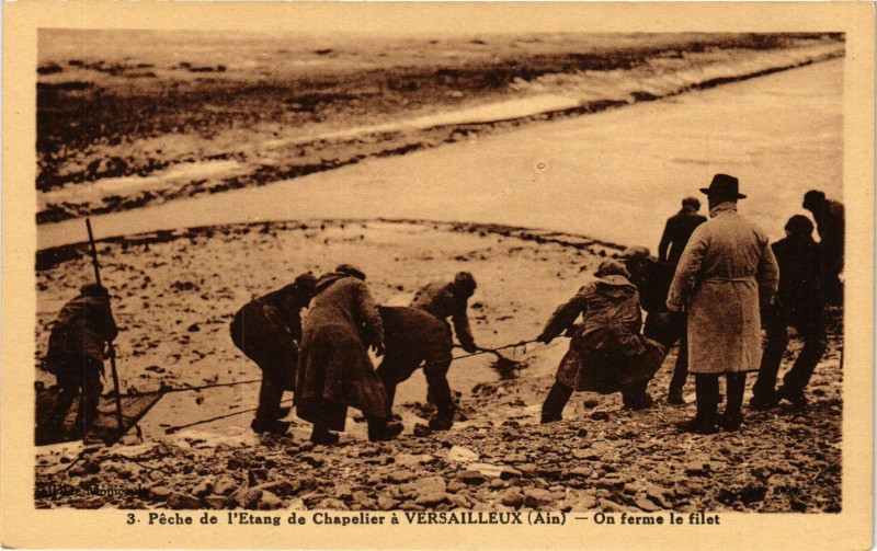 Carte postale ancienne Peche de l'Etang de Chapelier a Versailleux On ferme le filet à Versailleux