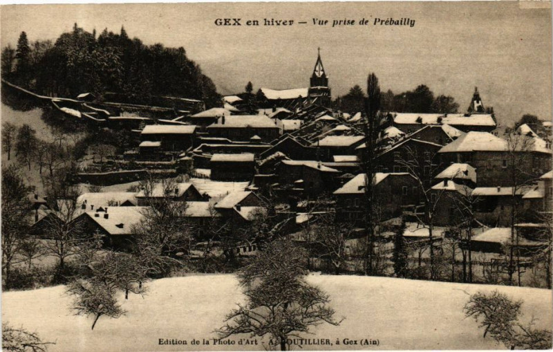 Carte postale ancienne Gex en hiver Vue prise de Prébailly à Gex