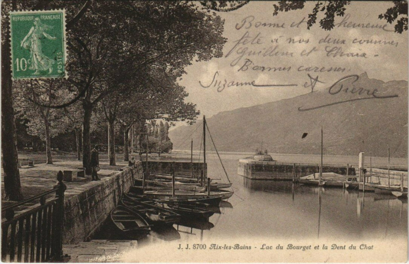 Carte postale ancienne J. J. 8700 Aix-les-Bains - Lac du Boerget et la Dent du Chat à Aix-les-Bains