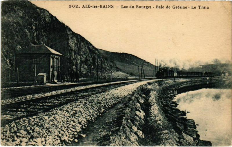 Carte postale ancienne Aix-les-Bains Lac du Bourge Baie de Gresine Le Train à Aix-les-Bains