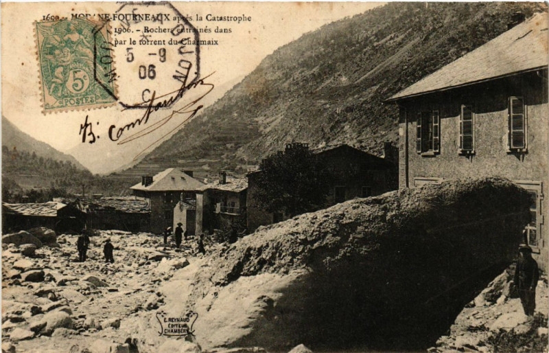 Carte postale ancienne Modane-Fourneaux apres la Catastrophe 1906 - Rocher entraines... à Modane