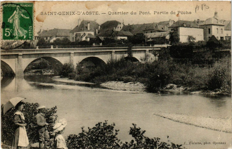 Carte postale ancienne Saint-Genix-d'Aoste - Quartier du Pont.Partie de Peche
