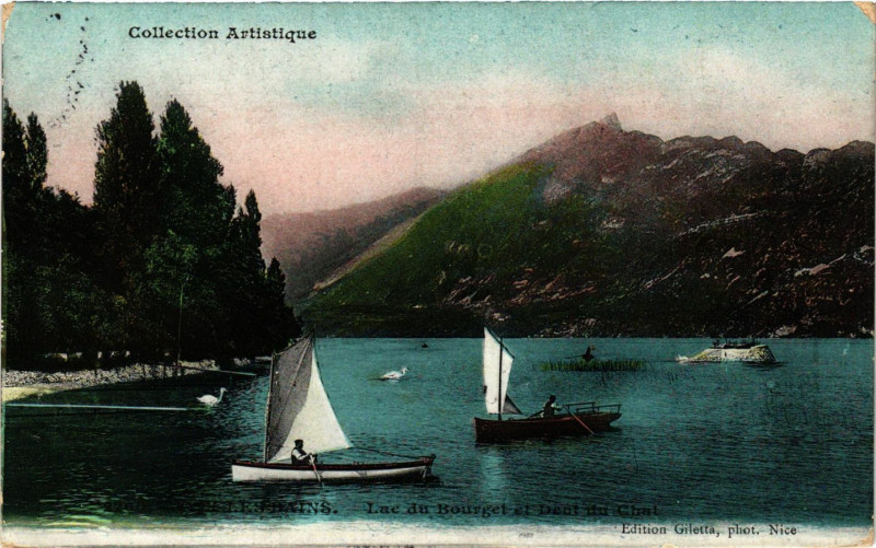 Carte postale ancienne Aix-les-Bains - Lac du Bourget et Dent du Chat à Aix-les-Bains