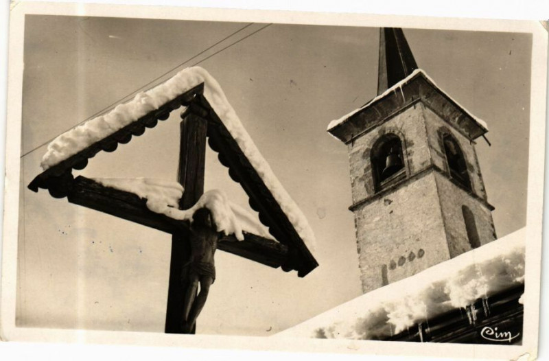Carte postale ancienne Tignes - Le Clocher sous la neige à Tignes