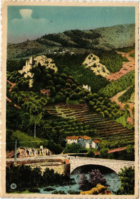 Carte postale ancienne Environs d'Aubenas Pont de la Beaume et ruine du chateau de à Aubenas